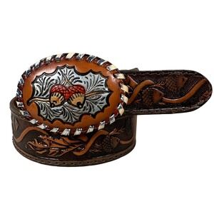 Brushy Creek Mens Brown Tooled Leather Belt Tony Lama Buckle Acorn Oak Leaf 32